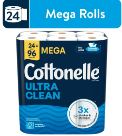 Cottonelle Ultra Clean Toilet Paper, Strong Toilet Tissue, 24 Mega Rolls
