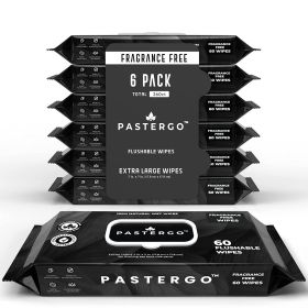 PASTERGO(360 Total) Flushable Wet Wipes for Adults - Unscented;  Plant-Based;  Plastic-Free;  100% Cellulose;  Fragrance Free - 6 Pack 360 Total