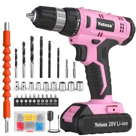 Cordless Drill Kit, 20V Electric Drill with Battery and Charger Pink DIY Power Tools Rechargeable Lithium Drill Kit 20V 12V Screwdriver