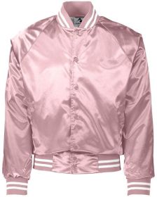 Unisex Striped Trim Satin Baseball Jacket - METALLIC GLD/ WH - 2XL (Color: LIGHT PINK/ WHT, size: L)