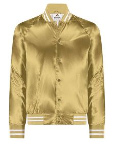Unisex Striped Trim Satin Baseball Jacket - METALLIC GLD/ WH - 2XL (Color: METALLIC GLD/ WH, size: XS)