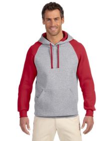 Jerzees 96CR Adult 8 oz. NuBlend Colorblock Raglan Pullover Hooded Sweatshirt (Color: OXFORD/ TRUE RED, size: 2XL)
